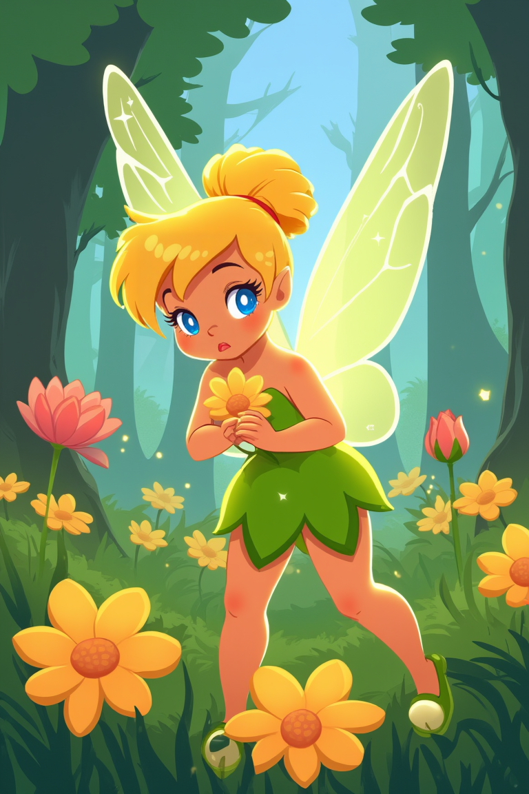 A cartoon style with cartoon lines picture of TinkerWaifu in a forest around multiple flower, she is holding a beautiful flower, fairy wings, blue eyes, green dress, sexy, hair bun,, magic particles, leaning forward, cute pose, cinematic, cute, detailed landscape, cowboy shot