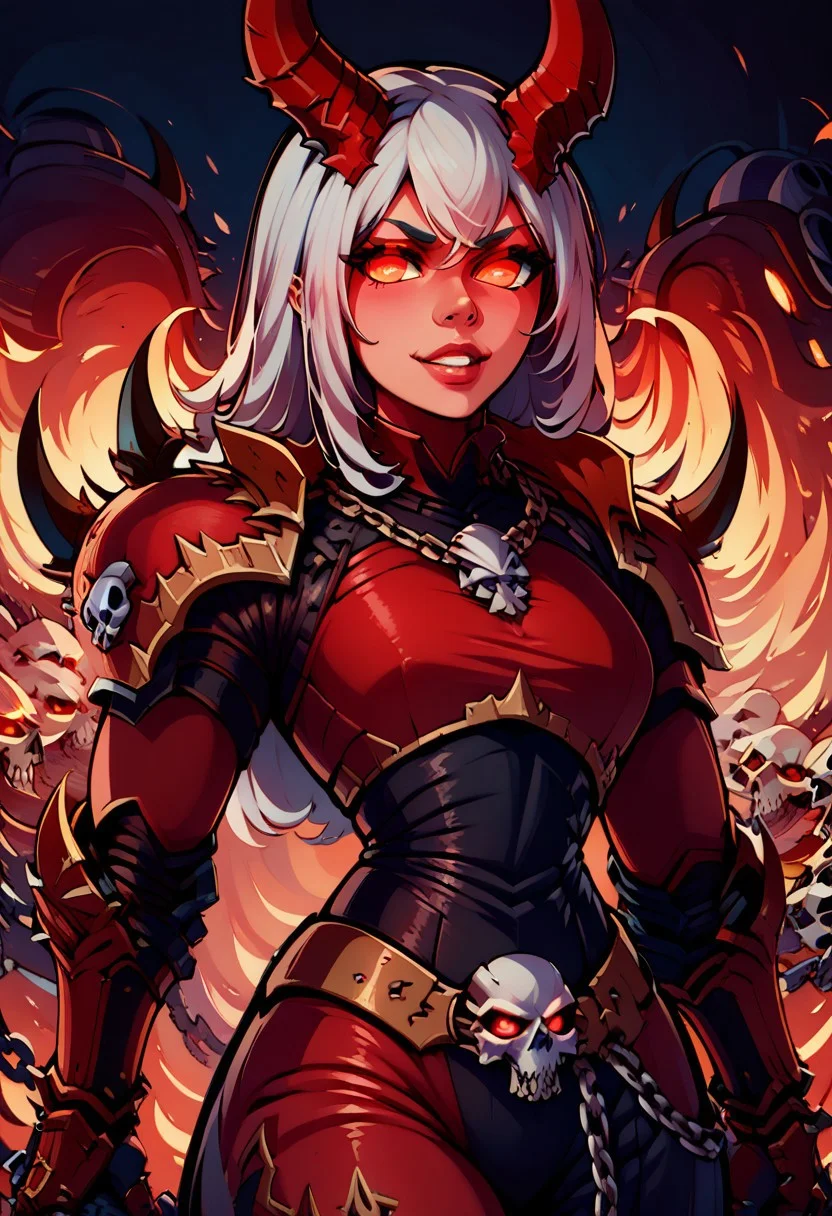 score_9, score_8_up, score_8, big breasts, (curvy), eyelashes, Khrn, DaughterOfKhorne, skull, chain, spikes, armor, 1girl, long hair, white hair, lips, looking at viewer, smile, teeth, glowing red eyes, horns, red glow, red theme, fire, shoulder armor, gauntlets, glowing eyes, pauldrons, full armor, demon, pretty face, space marine,