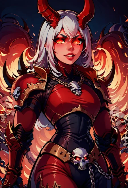score_9, score_8_up, score_8, big breasts, (curvy), eyelashes, Khrn, DaughterOfKhorne, skull, chain, spikes, armor, 1girl, long hair, white hair, lips, looking at viewer, smile, teeth, glowing red eyes, horns, red glow, red theme, fire, shoulder armor, gauntlets, glowing eyes, pauldrons, full armor, demon, pretty face, space marine,