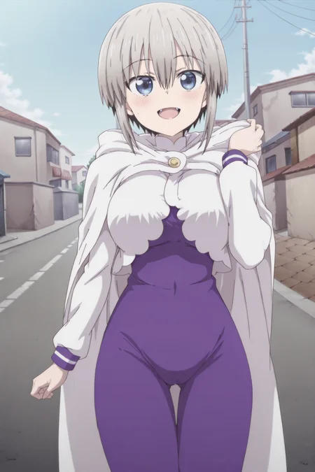 anime screencap, anime coloring, detailed face, masterpiece, best quality, very aesthetic, absurdres, volumetric lighting, official style, amazing quality, ultra detailed,  highres, amazing quality, scenery, beautiful detailed hair, defined fingers,
 <lora:Emilias_Season_4_outfit_ReZero:1>Emilia Season 4 outfit, 
outside, day, street, blue sky, in a neighborhood,
 <lora:Hana_Uzaki_Uzaki-chan_Wants_to_Hang_Out_-_Illustrious_V2:0.8> Hana Uzaki (character), uzaki hana, uzaki-chan wa asobitai!, 1girl, solo, short hair, gray hair, bangs, hair between eyes, blue eyes, large breasts, happy girl, :D, fang,