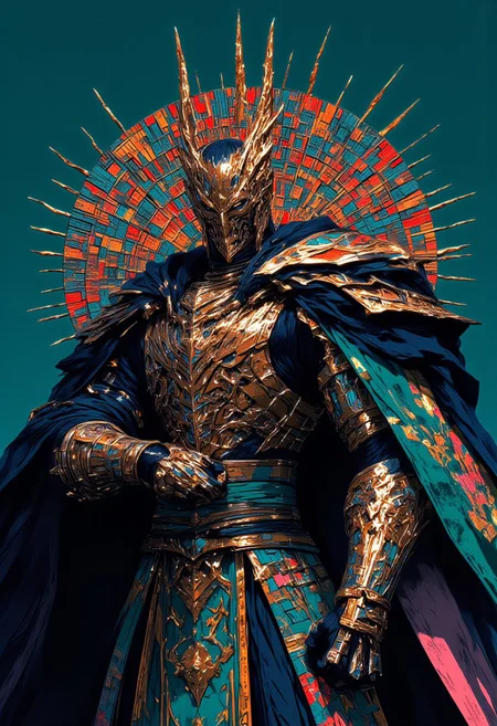 A hyper-realistic, detailed digital artwork, HD, 8K quality, masterpiece, award-winning, featuring an athletic, tall man in a Michelangelo-inspired human pose, radiating strength and refinement, facing the viewer. His face is obscured by an avant-garde skull mask, sculpted with sharp cheekbones, a jagged jawline, and glowing crimson red eyes, its surface etched with angular, futuristic patterns that evoke power and mystery. The mask’s dynamic, flame-like ridges at the temples complement his striking pose. He is dressed in a fusion of avant-garde fashion and medieval Japanese warrior robes: a midnight-blue upper robe with emerald and silver geometric designs, paired with a sleek copper chest plate. The robe’s flared sleeves fade from stormy gray to sunset pink, embroidered with feather-like patterns. His hakama pants in charcoal black and shimmering sapphire are layered with metallic accents in bronze and pearl. A wide aquamarine sash with gold and black etching ties the look together. Behind him, a teal background is overlaid with a hypnotic spiral of neon dots in jade green, pale rose, fiery orange, icy silver, violet, neon gold, cobalt teal, scarlet red, electric yellow, pastel coral, turquoise, and white, blending tradition and futurism into an electrifying visual (masterpiece.mythp0rt, midjourney_whisper_avant_couture, ne0nfant4sy)