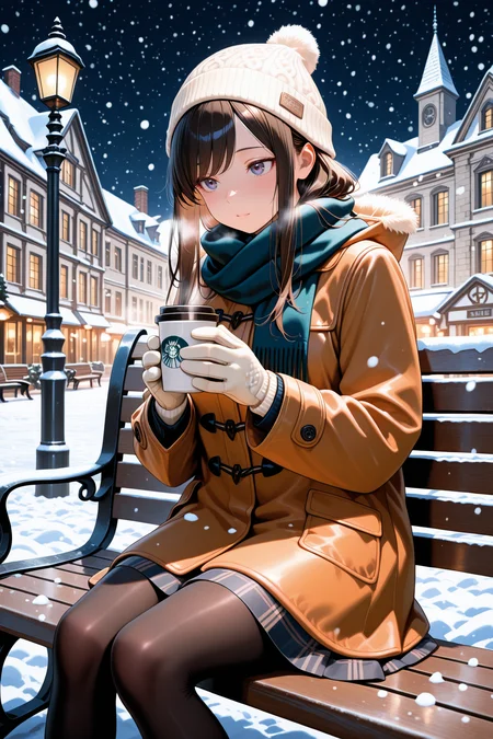 lazypos, 1girl, long hair, swept bangs, winter clothes, duffel coat, scarf, beanie, gloves, pantyhose, sitting on bench, outdoors, city, european architecture, holding cup, coffee cup, night, snowing <lora:super_secret_lora_not_released:5> <lora:TrendCraft_The_Peoples_Style_Detailer-v1.0A-3_13_2025-illustrious:0.2>