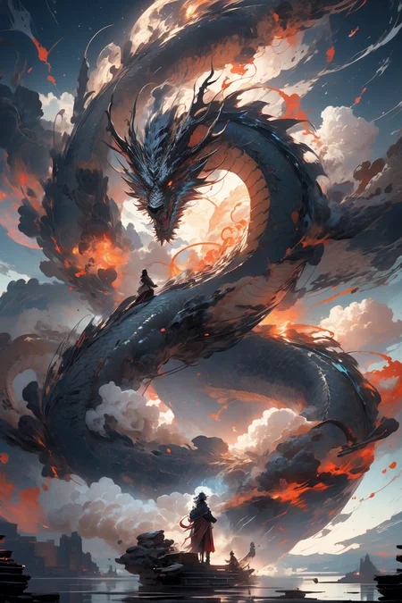 masterpiece, best quality, flames, abstract, divine being, otherly world, powerful,
<lora:Chinese dragon:0.85> chinese dragon, dragon, sky, outdoors, cloud, glowing, horns, standing,
<lora:more_details:0.4>
<lora:Cosmic anime-oil fusion v2:0.4>
<lora:AnimeVibesV3:0.25> animevibes,
<lora:3DMM_V11:0.5> 3DMM
<lora:midjourney_20230624181825:0.4> midjourney ,
<lora:LAS:0.25> colorful, clouds,
<lora:msw_locon-t2:0.45>
<lora:wuxia2:0.5> gu, shiny, shiny hair, shiny skin, shiny clothes