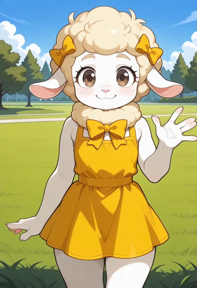 score_9,score_8_up,score_7_up,score_6_up, masterpiece, best quality, very aesthetic, 2d, ((thin lines)), detailed,
detailed background, outdoors, park, day, grass, blue sky,
BREAK
1girl, (face focus), solo, female, Perfect Body, (Perfect Anatomy),Woolma, sheep, wool hair, yellow wool collar, yellow wool, anthro, furry female white skin, yellow wool, (non-human),
smile, looking at viewer,
yellow dress, yellow bow,
(cowboy shot:1.3), (from the front),
standing, waving at viewer, dynamic pose, wide stance,