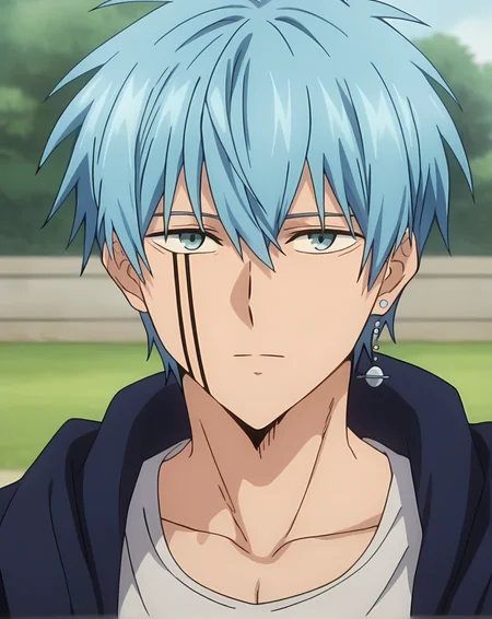 score_9, score_8_up, score_7_up, original style, source_anime, anime screencap, BREAK, depth of field, ((1boy, solo, male only, male focus, face focus)), (crown_lance, blue eyes, blue hair, short hair, bangs, hair between eyes, adult, facial tattoo, single earring), happy, looking at viewer, facing viewer, collarbone, outdoors, <lora:Crown_Lance__Mashle:1>
