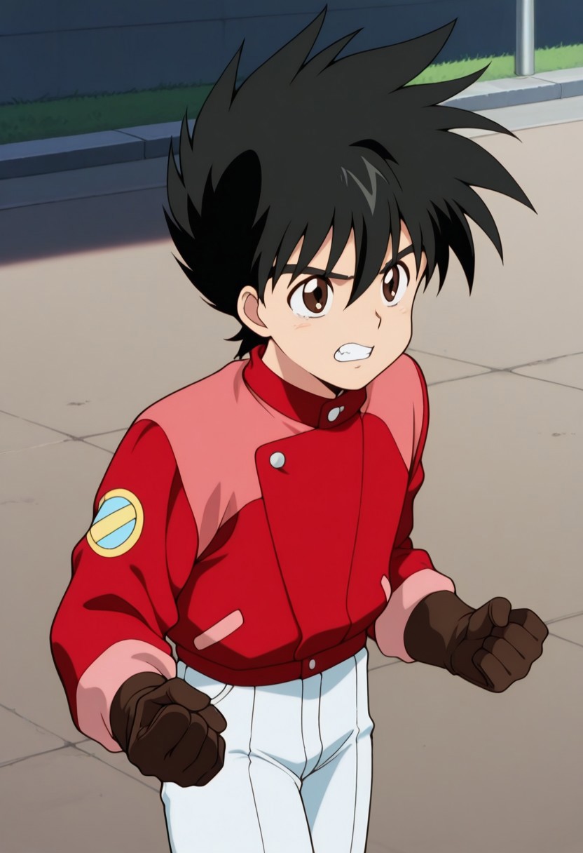 masterpiece,best quality,amazing quality, source_anime,
hayatokazami, 1boy, male focus, solo, brown eyes, black hair, jacket, red jacket, gloves, brown gloves, pants, white pants, clenched hand, teeth, outdoor,