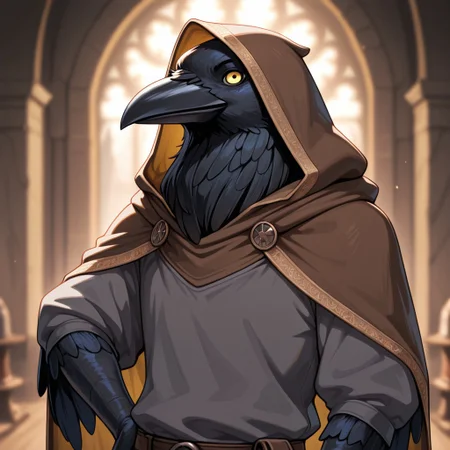 masterpiece, best quality, amazing quality, very aesthetic, solo,
kenku, anthro bird, anthro crow, plumage,
1 boy, male focus, yellow eyes, brown capulet with hood, grey shirt,
looking at the viewer, posing,
fantasy background, blurred background