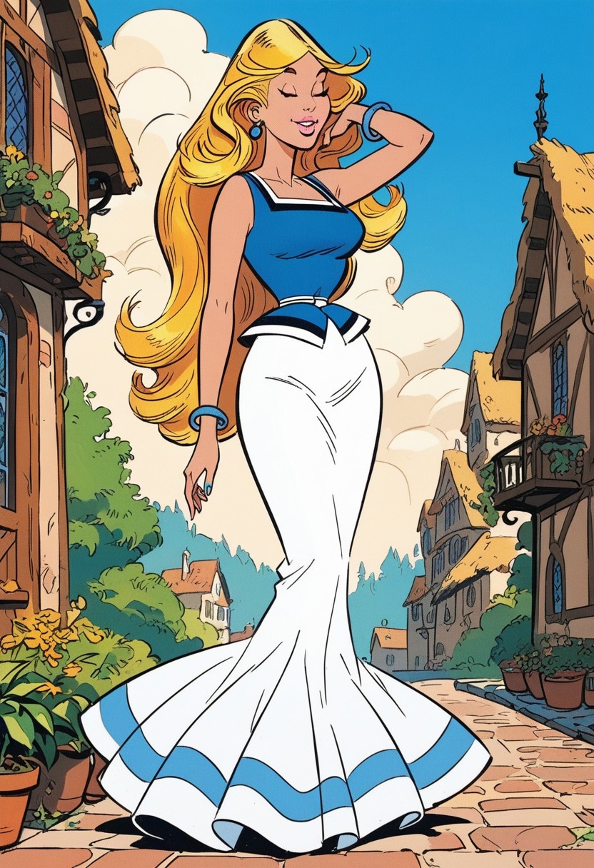 score_9, score_8_up, score_7_up, best quality, masterpiece, falbala, 1girl, solo, blonde hair, very long hair, blue earrings, bare shoulders, cleavage, medium breasts, blue shirt, white belt, blue bracelet, white long skirt, closed eyes, full body, smile, hand on hip, hand in hair, sexy posing, outdoors, medieval village, detailed background, perfect face, perfect mouth, perfect lips, beautiful girl,