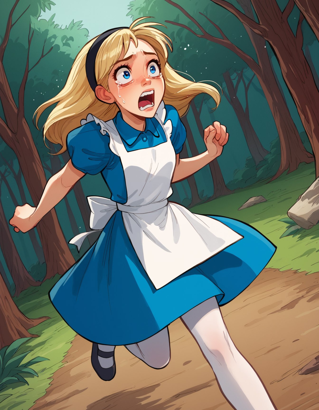 score_9, score_8_up, score_7_up, score_6_up, abarbucci-dh, dutch angle BREAK, running, scared, 1girl, solo, blue eyes, blue dress, white pantyhose, apron, black hairband, blonde, forest <lora:Artist_Style_-_Alessandro_Barbucci_Ekho_Sky_Doll_PDXL:1> <lora:add-detail-xl:0.5> <lora:AliceInWonderlandXLPony_character:0.5>