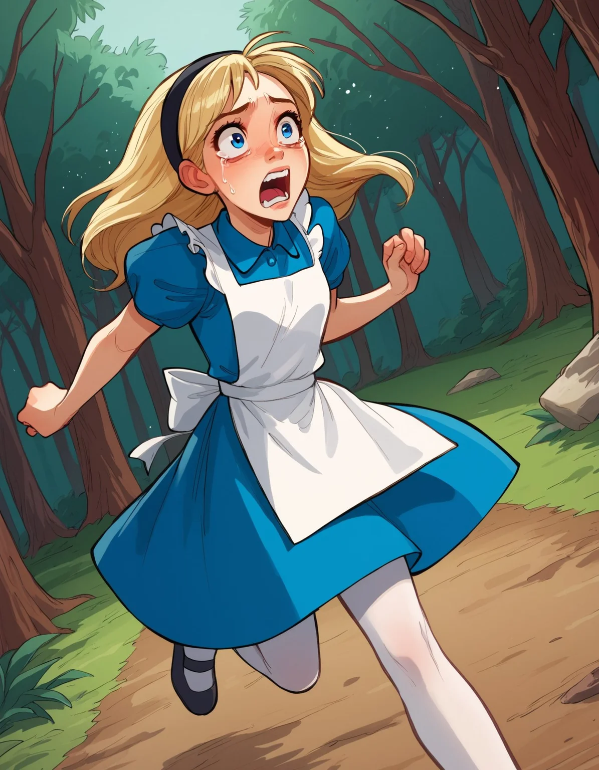 score_9, score_8_up, score_7_up, score_6_up, abarbucci-dh, dutch angle BREAK, running, scared, 1girl, solo, blue eyes, blue dress, white pantyhose, apron, black hairband, blonde, forest <lora:Artist_Style_-_Alessandro_Barbucci_Ekho_Sky_Doll_PDXL:1> <lora:add-detail-xl:0.5> <lora:AliceInWonderlandXLPony_character:0.5>