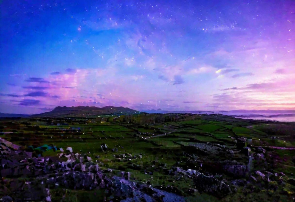 a  breathtaking image if the irish countryside and night with a full moon