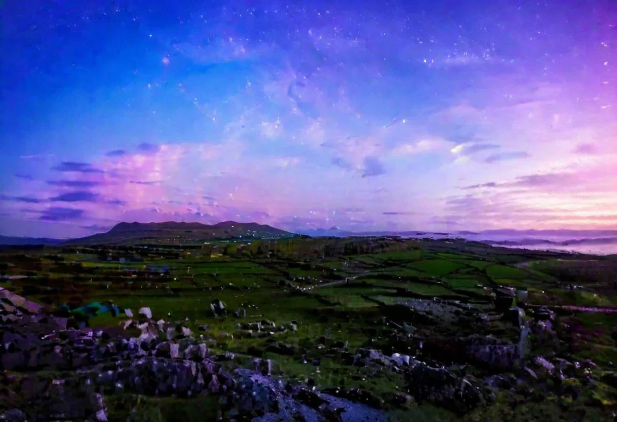 a breathtaking image if the irish countryside and night with a full moon