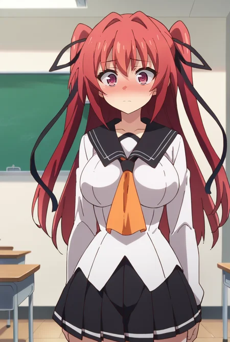 score_9, score_8_up, score_7_up, source_anime,
<lora:ShinmaiMaou_NaruseMioXL_1:0.9>, NaruseMio,
1girl, solo, closed mouth, face blush, wide-eyed,
magenta hair, violet eyes, two side up, hair ribbon, black ribbon,
MioSchool, black sailor collar, white shirt, orange neckerchief, black skirt,
standing, looking at the viewer, cowboy shot, facing viewer, thigh gap,
indoors, classroom