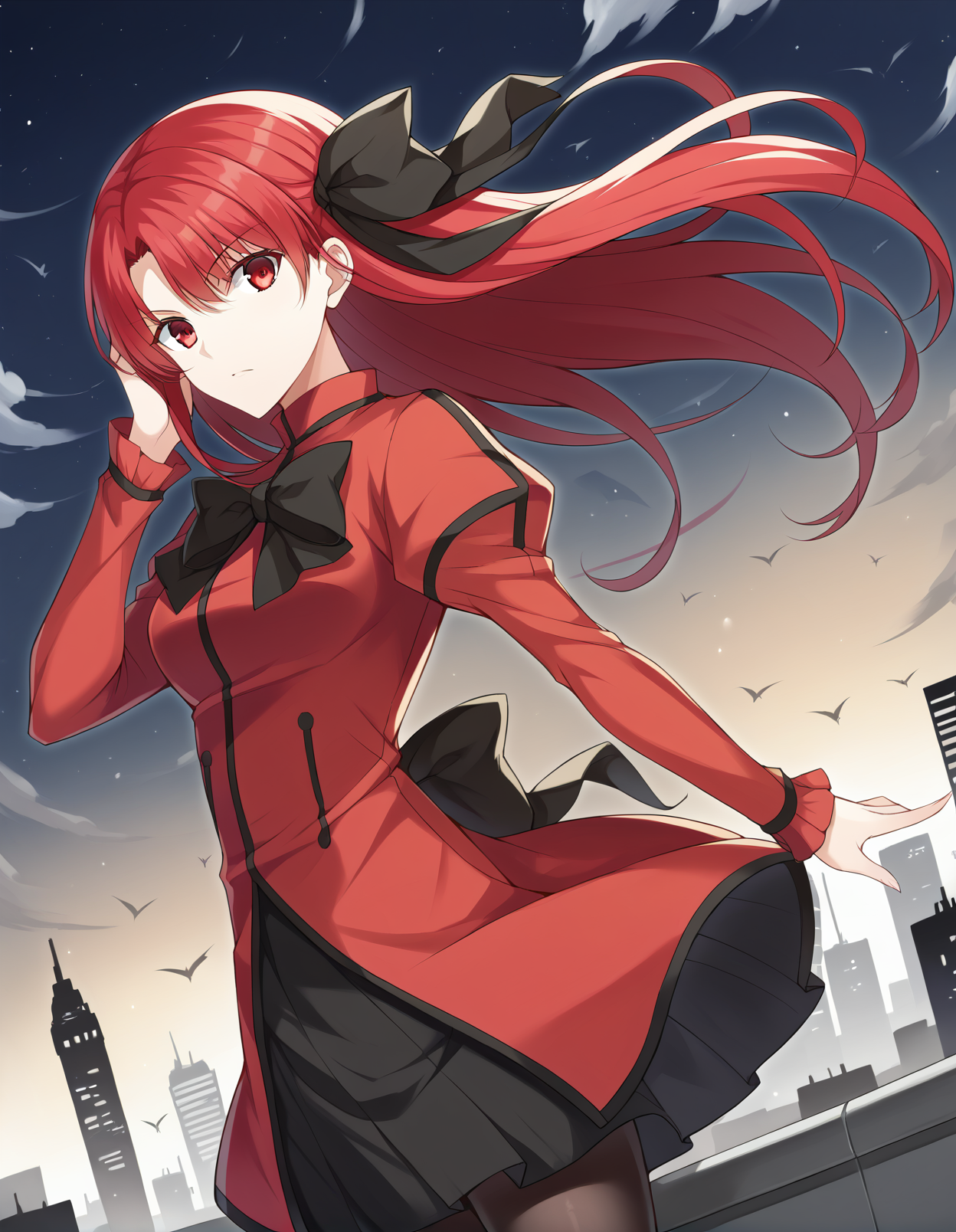 score_9, score_8_up, score_7_up, source_anime, rating_safe, BREAK <lora:kushiaXL_LoRA-C3Lier_AdamW_Dim16_Alpha16_UN-3e-4_TE-1.5e-4_10batch_ponyDiffusionV6XL_v6StartWithThisOne:1>, kushia microphylla, 1girl, red eyes, long hair, red hair, hair ribbon, black ribbon, red dress, long sleeves, frilled sleeves, black bow, black skirt, black pantyhose, standing, dutch angle, looking at viewer, facing viewer, serious, hand in own hair, floating hair, night, wind, city, city lights, skyscraper, skyline, night sky, cloud