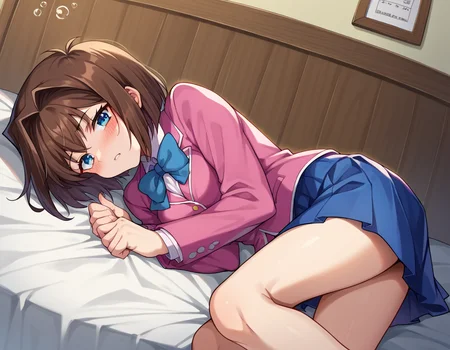 score_9, score_8_up, score_7_up, source_anime,
anzumazaki, <lora:anzu-mazaki-ponyxl-lora-nochekaiser:1>
anzu mazaki, blue eyes, brown hair, short hair,
blazer, blue skirt, domino high school uniform, jacket, miniskirt, pink shirt, school uniform, shirt, skirt,
indoors, bed, bed room, on side, blush, drunk,
looking at viewer, cowboy shot, dutch angle,