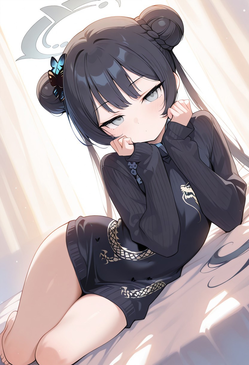 masterpiece, best quality, score_9, score_8_up, score_7_up, soft lighting, dramatic lighting, (backlighting:1.4), 1girl, solo, kisaki \(blue archive\),grey eyes, black hair, double bun, twintails, halo, black sweater, knitted sweater, long sleeves, perfect legs, bare feet, wide hips, thighs, sexy, seductive, perfect body, relaxing, dynamic angle, looking at viewer, narrow eyes, beautiful face, dreamy eyes, bedsheets, curtains,