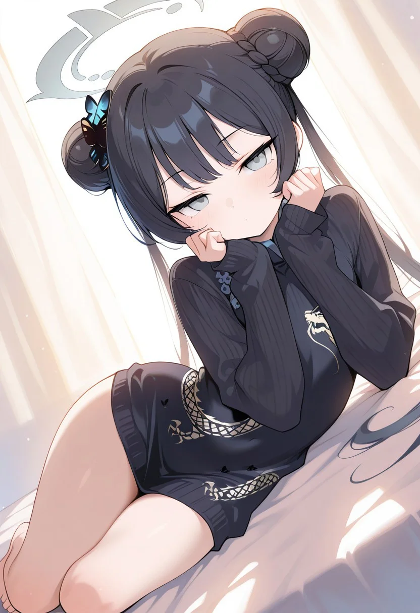 masterpiece, best quality, score_9, score_8_up, score_7_up, soft lighting, dramatic lighting, (backlighting:1.4), 1girl, solo, kisaki \(blue archive\),grey eyes, black hair, double bun, twintails, halo, black sweater, knitted sweater, long sleeves, perfect legs, bare feet, wide hips, thighs, sexy, seductive, perfect body, relaxing, dynamic angle, looking at viewer, narrow eyes, beautiful face, dreamy eyes, bedsheets, curtains,