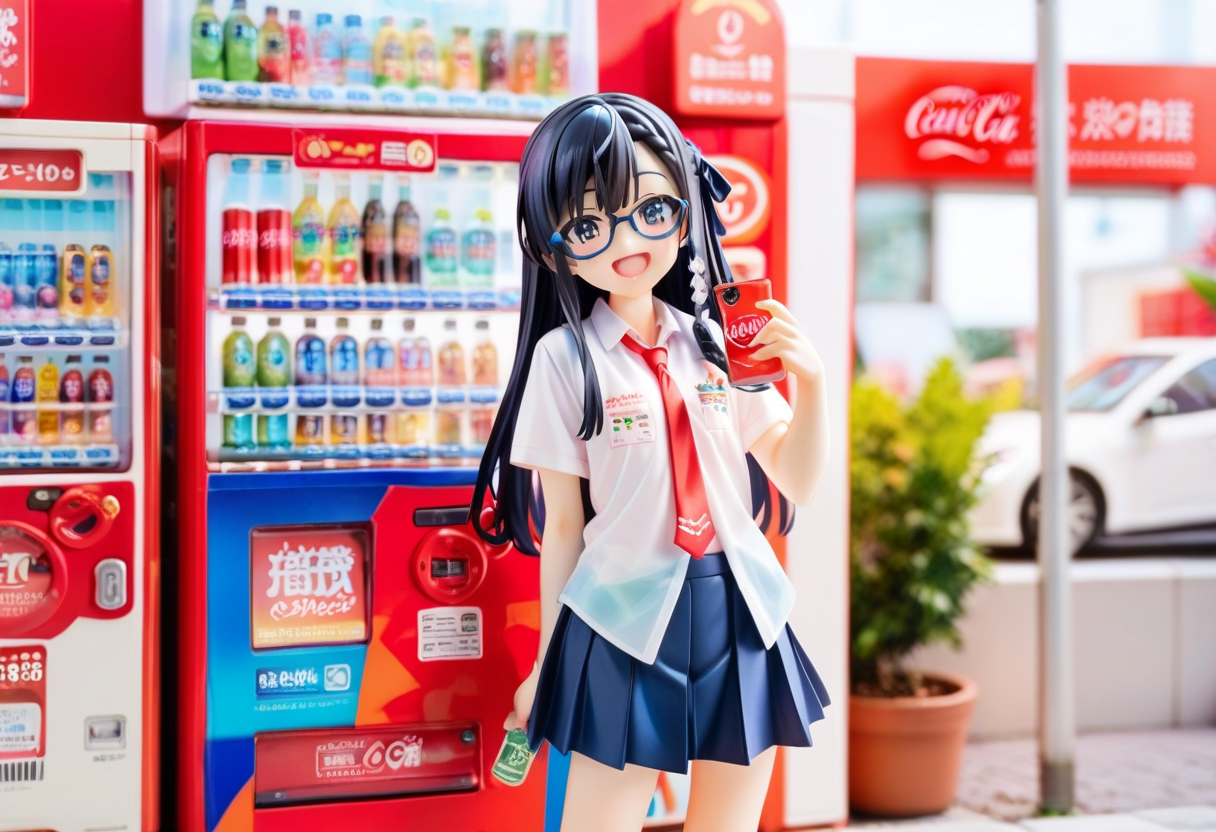 score_9, score_8_up, score_7_up, rating_safe, masterpiece, best quality, absurdres, unity 8k wallpaper, official art, official style, source_anime, uncensored, game cg, megami magazine,
1girl, solo, glasses, black hair, long hair, braid, hair ribbon, collared shirt, red necktie, short sleeves, pleated skirt, blue skirt, looking at viewer, blush, laughing, holding smartphone, standing, 
vending machine, outdoors, building, plant, road, day, coca-cola, utility pole
 <lora:jihanki_PONY_V1:0.8>