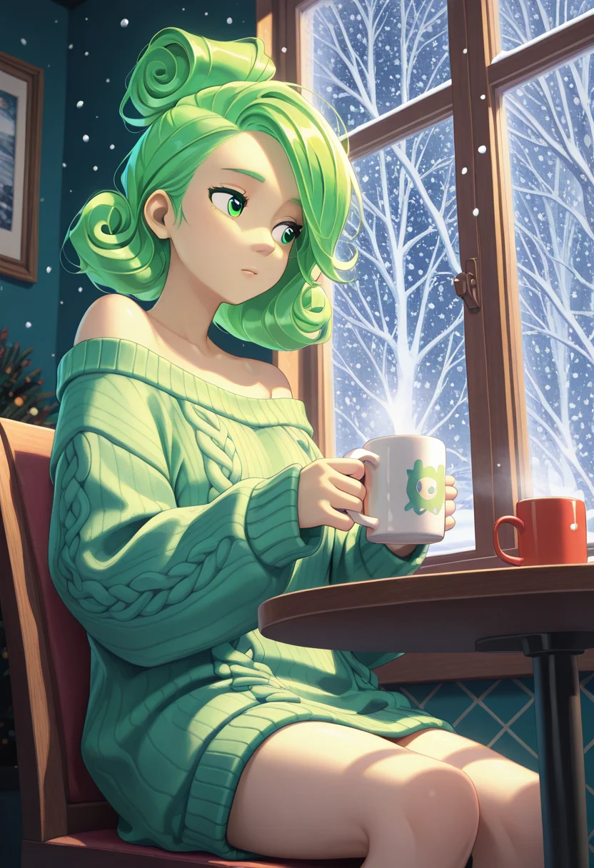 Graphic Design, color art, vibrant colors, colorful, intricate details, high contrast, detailed background, beautiful detailed, beautiful face, detailed eyes, detailed face, new, 1girl. solo, v3rt4, green hair, green eyes, oversized sweater, offshoulder, cowboy shot, looking away, window, snowing, winter, table, sitting, perspective, holding mug, hot chocolate, low angle, (masterpiece, best quality, newest, recent, absurdres),