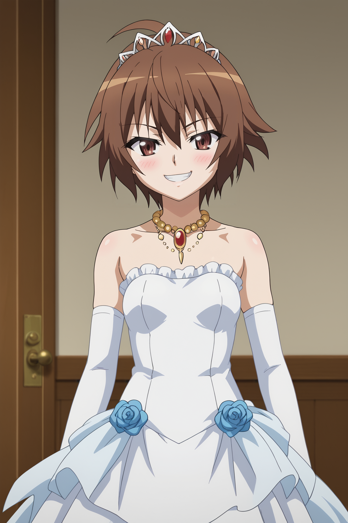 score_9, score_8_up, score_7_up, source anime, prefect lighting, very aesthetic, BREAK, anime coloring, anime screencap,
<lora:swing_out_sisters_v1-pony6:1>, 1girl, chinatsu \(swing out sisters\), brown eyes, brown hair, ahoge, small breasts, 
BREAK, looking at viewer, blush, grin, 
BREAK,  elbow gloves, wedding dress, necklace, bare shoulders,
