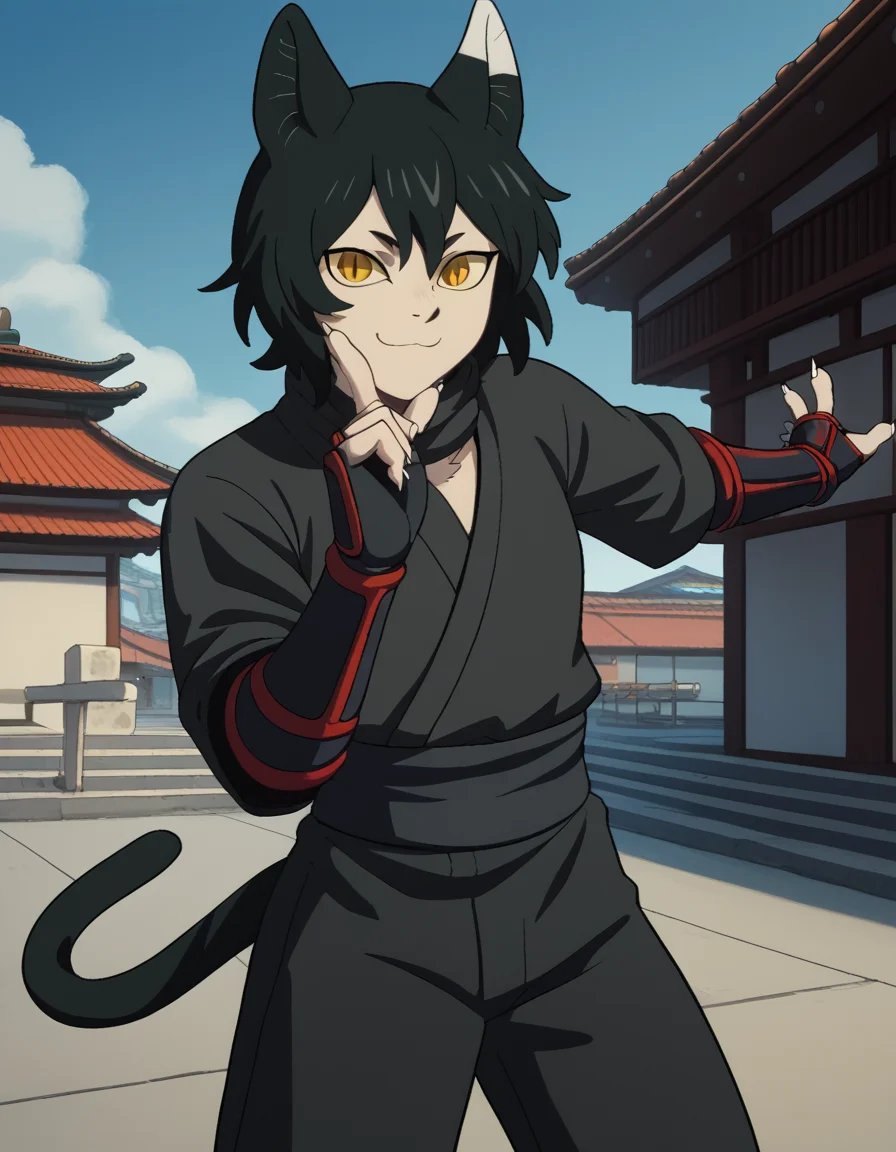 score_9, score_8_up, score_7_up, source_anime, <lora:izutsumi-s1-ponyxl-lora-nochekaiser:1>, izutsumi, black hair, animal ears, tail, yellow eyes, cat ears, cat tail, cat girl, slit pupils,, japanese clothes, gauntlets, ninja, black shirt, black pants,, megastructure, large, futuristic, building, complex, smile, <lora:hoshino-ruby-dance-ponyxl-lora-nochekaiser:1>, hoshino ruby dance, finger wagging, index finger raised, dancing, outstretched arm,, looking at viewer, solo,, dutch angle, cowboy shot