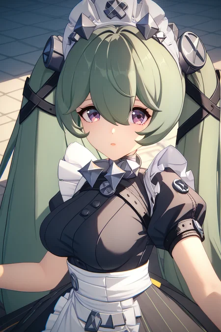 ZZZ_Style,<lora:ZZZ_Style_Pony:1> <lora:ZenlessZoneZeroPDXL:1>corin wickes, 1girl, green hair, purple eyes, hair between eyes, twintails, maid headdress, puffy short sleeves, black dress, white apron,medium breasts, Score_9, Score_8_up, Score_7_up, Score_6_up, Score_5_up, Score_4_up, BREAK,1girl in full growth, best quality, masterpiece, ultra-detailed, high quality,good quality,1 girl,(master piece,high resolution, ultra detailed,8K,16K),look at viewer