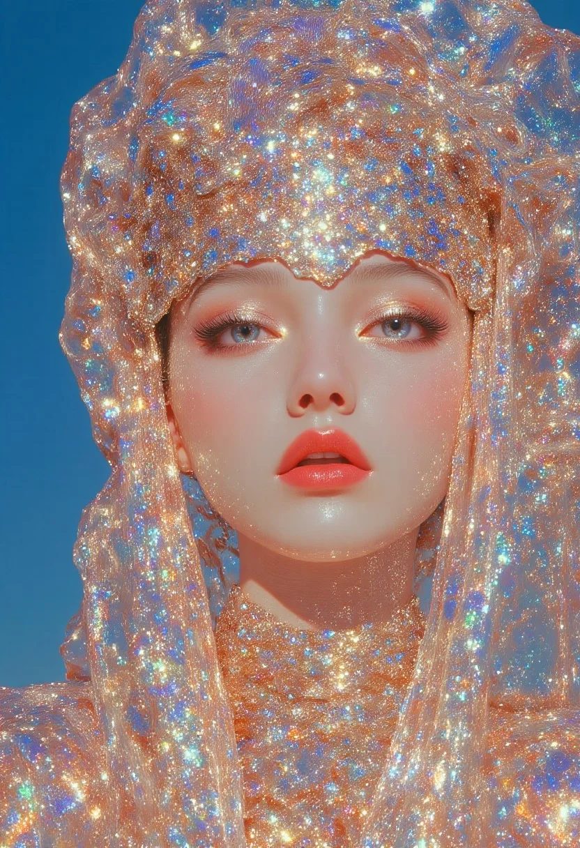 highly detailed, hyper-realistic CGI rendering, young woman, pale flawless skin, radiant glow, striking blue eyes, thick dramatic eyeliner, mascara, vivid glossy red lips, flushed cheeks, heavy blush, cheekbones accentuated, elaborate glittering headpiece, crown-like tiara, shimmering rhinestone embellishments, dazzling textures, sparkling cloak, vibrant blue background, sharp contrast, sparkling attire, focal point on face, dramatic glamour, opulent accessories, high-fashion elegance, modern digital artistry, cinematic lighting, sharp focus, rich textures, artistic composition, bold contrast, luminous highlights, fashion-forward aesthetic, ethereal beauty, captivating portrait, high-resolution rendering, avant-garde style, polished and luxurious.