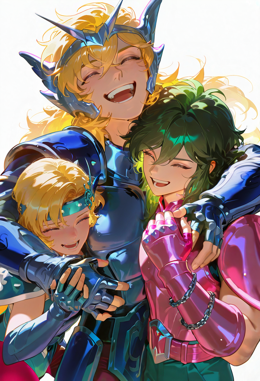 2boys,1girl,upper body,group hug,laughing BREAK
<lora:Andromeda_Shun_Saint_Seiya_ILXL:0.8>ANDROMESHUN,ANDRSHUNV1,1boy,slender figure,pink pauldrons,long wavy green hair,closed eyes,full torso armor,pink vambraces,fingerless pink gloves,pink thighhigh greaves,green pants,pink belt,chain,
<lora:june_il:1>june,blonde hair,headband,closed eyes,shoulder arms,body armor,leotard,red pantyhose,
<lora:Andromeda_Shun_Saint_Seiya_ILXL:1>ANDROMESHUN,ANDRSHUNV1,1boy,slender figure,pink pauldrons,pink two pronged helmet,long wavy green hair,green eyes,full torso armor,pink vambraces,fingerless pink gloves,pink thighhigh greaves,green pants,pink belt,pink boots,chains, very awa, masterpiece, best quality, amazing quality, very aesthetic, absurdres, newest,<lora:spo_sdxl_10ep_4k-data_lora_webui:1>