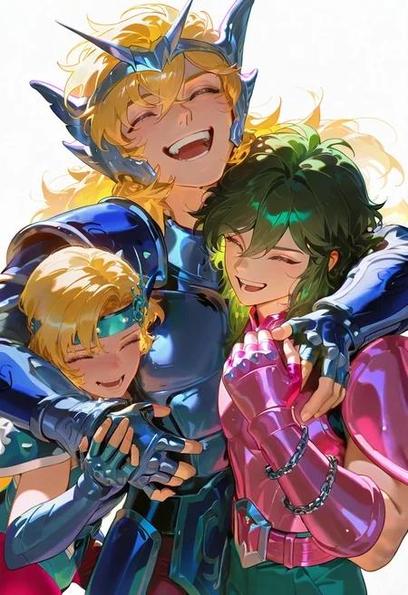 2boys,1girl,upper body,group hug,laughing BREAK
<lora:Andromeda_Shun_Saint_Seiya_ILXL:0.8>ANDROMESHUN,ANDRSHUNV1,1boy,slender figure,pink pauldrons,long wavy green hair,closed eyes,full torso armor,pink vambraces,fingerless pink gloves,pink thighhigh greaves,green pants,pink belt,chain,
<lora:june_il:1>june,blonde hair,headband,closed eyes,shoulder arms,body armor,leotard,red pantyhose,
<lora:Andromeda_Shun_Saint_Seiya_ILXL:1>ANDROMESHUN,ANDRSHUNV1,1boy,slender figure,pink pauldrons,pink two pronged helmet,long wavy green hair,green eyes,full torso armor,pink vambraces,fingerless pink gloves,pink thighhigh greaves,green pants,pink belt,pink boots,chains, very awa, masterpiece, best quality, amazing quality, very aesthetic, absurdres, newest,<lora:spo_sdxl_10ep_4k-data_lora_webui:1>