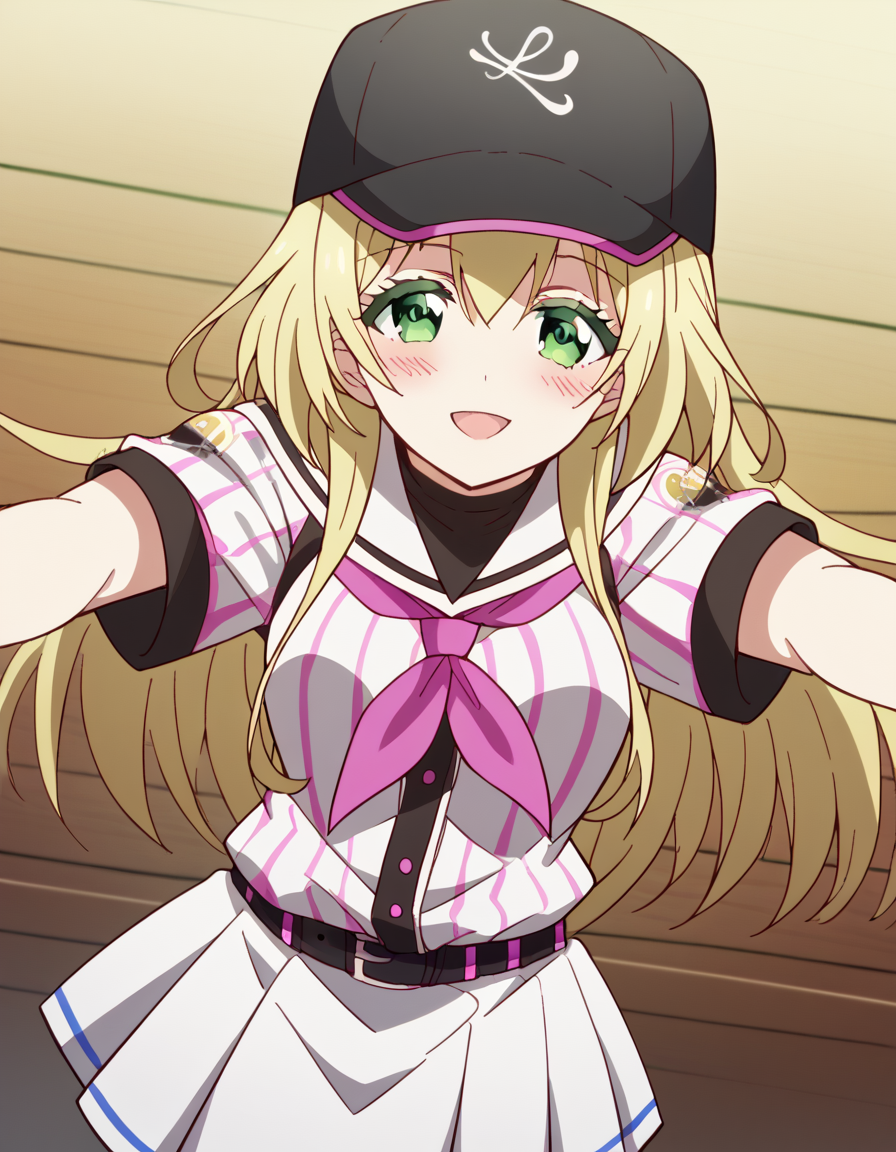 score_9, score_8_up, score_7_up, source_anime, <lora:yuki-nozaki-s1-ponyxl-lora-nochekaiser:1>, yuki nozaki, long hair, blonde hair, hair between eyes, green eyes, sidelocks,, skirt, shirt, hat, short sleeves, pleated skirt, striped, belt, sailor collar, neckerchief, black headwear, white skirt, baseball cap, vertical stripes, black belt, striped shirt, sportswear, vertical-striped shirt, baseball uniform,, wooden bridge, planks, rustic, crossing, narrow, , <lora:incoming-hug-ponyxl-lora-nochekaiser:1>, incoming hug, looking at viewer, reaching, reacing towards viewer, outstretched arms,, bedroom, smile, blush, parted lips, looking at viewer, solo,, dutch angle, cowboy shot