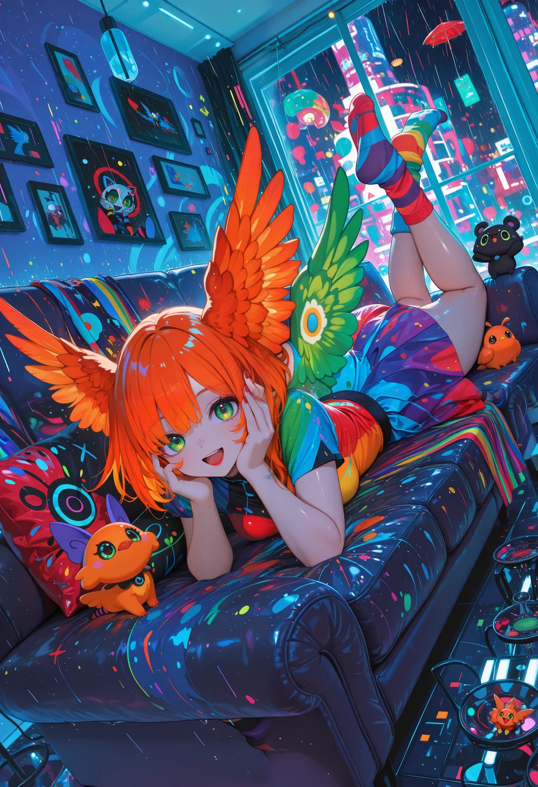 masterpiece, newest, absurdres, incredibly absurdres, best quality, amazing quality, very aesthetic, LL-Illu, 4ur4_illu, shiny,  1girl, :d, facing viewer, green eyes, red lipstick, orange hair, multicolored dress, colorful dress, winged-creature, mini-creature, colorful creatures, another flying, tall female, medium breasts, mature female, looking at viewer, dynamic angle, lying on colorful couch, on stomach, resting on elbows, hands on face, living room, indoors, raining-inside, colorful rain, abstract background, legs up, colorful socks, mismatched socks, striped socks,
