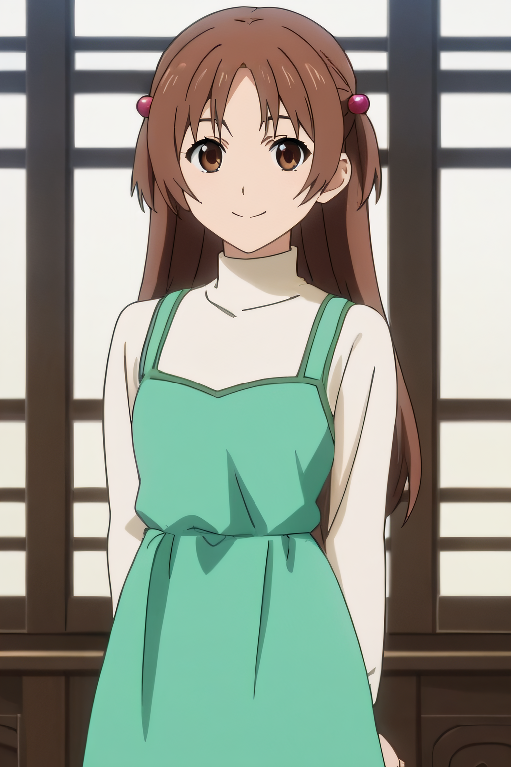 score_9, score_8_up, score_7_up, source_anime, rating_safe, intricate details, anime screencap, official style, 1girl, <lora:Uchida_Yuka:1>, yuka, brown hair, hair ornament, hair bobbles, long hair, brown eyes, white shirt, long sleeves, turtleneck, green dress, layered clothes, cowboy shot, looking at viewer, smile, indoor, arms behind back