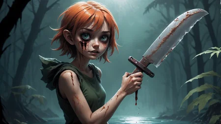 In the style of Creepypasta,Pixie,Rusty machete gripped tightly in hand,Stalking prey,Creepy island,Inescapable fate,portentous,Glowing potion bubbling,Esophagus,Medium close-up shot,<lora:add_detail:0.5>,<lora:xl_more_art-full_v1:0.5>,