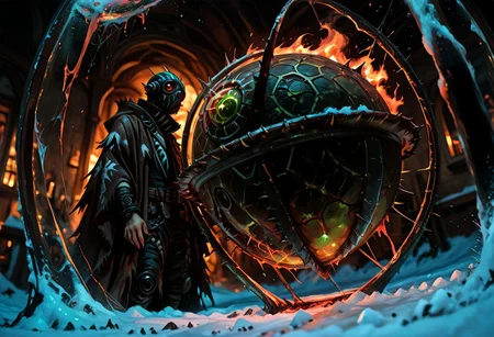 masterwork, masterpiece, best quality, wide angle, scene, depth of field, high detail, deep colour, high contrast, highly detailed, epic cinematic concept art, (octane render:1.6), (3d shading:1.6),  dynamic lighting, (Dreamlike surrealist painting:1.8),
(the world is burning (inside a glass sphere:1.9) :1.5), watched by a demon, surreal female demon, red eyes, swirling cloak turning into threatening clouds,
snow, glowing footprints, burning tears scorch the land, eldritch, horror, gdv2-illu,