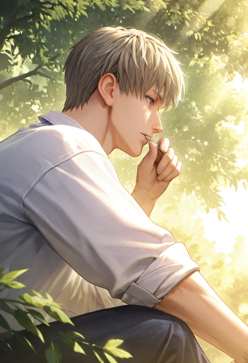 1boy, male focus, LADS_Xavier, LADS_Xavier_silver_hair, LADS_Xavier_blue_eyes, sitting under tree holding old photo, soft sunlight through leaves, eyes filled with longing, thumb brushing frame gently, background: nostalgic memory haze, warm cinematic light, dynamic sensual pose, dynamic action, dynamic angle, dynamic background, abstract, close up:2.7, absurdres, ultra detailed, masterpiece, 8k resolution, octane render,
<lora:LoveDeepSpace_Xavier-000010:0.8>,