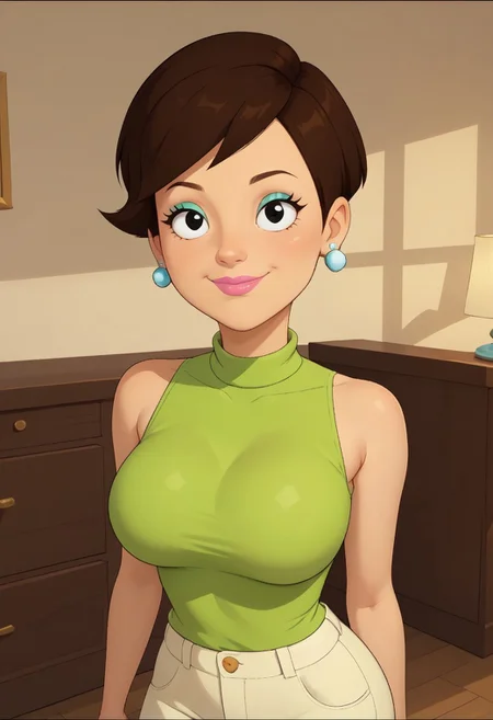 ((bedroom background)),score_9, score_8_up, score_7_up,score_6_up,
1girl, solo, SheilaW_CC, light skin, dark brown hair, short hair, black eyes, pink lips, small light blue circle earrings, light green sleeveless high-necked blouse, cream pants, light blue flat shoes, big eyes, tall stature, social smile, sexy face, close-up, face photo, perfect eyes, perfect smile, looking at the viewer, big breasts, detailed eyes, perfect eyes