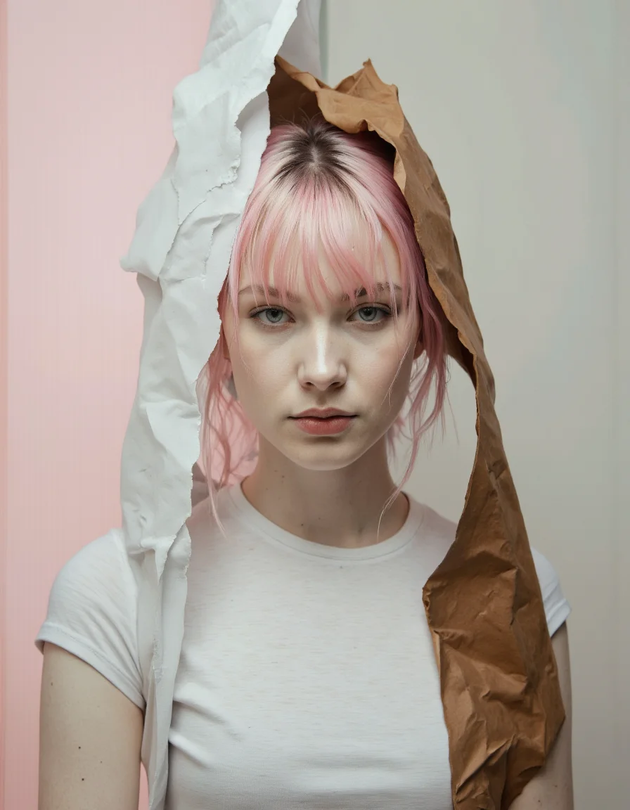 . A photo-realistic portrait of a young woman with pale skin and light pink hair, partially obscured by a torn piece of paper, creating a sense of depth and dimensionality. the woman, positioned in the middle of the image, appears to be a young adult, with a neutral expression and a slim body, wearing a white t-shirt. her hair is styled in a messy, unkempt manner, and her eyes are looking directly at the viewer. the background is a plain, light-colored wall with a subtle gradient of white and beige tones, and the image is composed of multiple overlapping pieces of paper in shades of pink, brown, and gray, creating an abstract and surreal composition. the image has a dreamy, ethereal quality to it, with the woman's face and body blending seamlessly into the background. the overall effect is one of a split-screen portrait, with no other objects or elements present in the image.