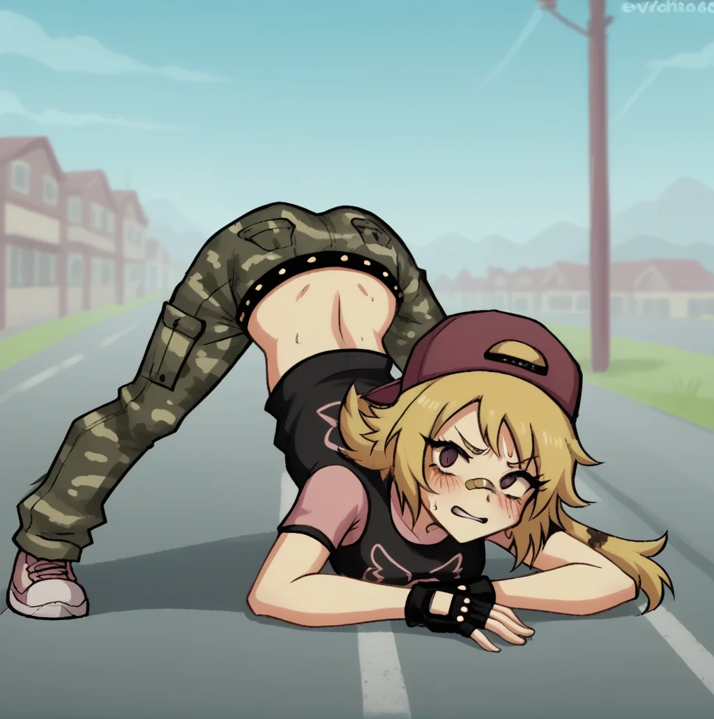full body, best quality, best anatomy, BREAK
score_9, BREAK
outdoors, street, BREAK
1girl, solo, jay_lg, hat, blonde hair, dyed left bang, bandaid on nose, fingerless gloves, crop top, midriff, camo pants, belt, embarrassed, blush, jack-o' challenge, BREAK
<lora:Jay_Lacey_Games:1>