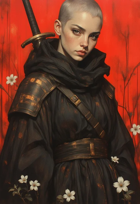A highly detailed and realistic digital painting depicts a futuristic, cyberpunk-style character with pale, porcelain-like skin and sleek, dark hair, partially shaved on one side to reveal intricate, glowing geometric designs etched into her scalp. Her calm yet intense expression, framed by sharp, angular features, exudes an air of mystery and quiet strength. She wears an avant-garde, oversized black gown that flows dramatically around her, its deep, shadowy fabric adorned with shimmering, chrome-like gold accents that gleam with high-tech brilliance. The metallic embellishments pulse with a futuristic luminescence, casting intricate reflections as they catch the ambient light. A katana is strapped securely to her back, its golden hilt radiating a soft glow, hinting at her warrior-like persona. At her feet, delicate white flowers emerge from the ground, their ethereal presence starkly contrasting her cyber-enhanced form, symbolizing a fragile beauty amidst the technological opulence. The background is a striking, solid red, intensifying the dramatic contrast between her dark attire and the radiant gold elements, creating a bold and visually stunning composition. The entire scene masterfully blends cyberpunk aesthetics with surreal, dreamlike allure, as the interplay of light, shadow, and metallic reflections enhances the mesmerizing atmosphere, making her presence both commanding and otherworldly. (OBxiaoxiang)