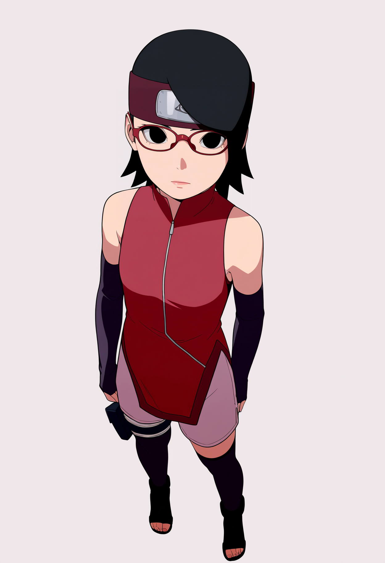 masterpiece, best quality, very aesthetic, absurdres,
1girl, sarada, black eyes, black hair, short hair, glasses, headband,
shorts, thighhighs, toeless shoes, red sleeveless dress,
full body, standing, looking at viewer, solo, simple background, white background,   <lora:SaradaNoobXL_byKonan:1>
