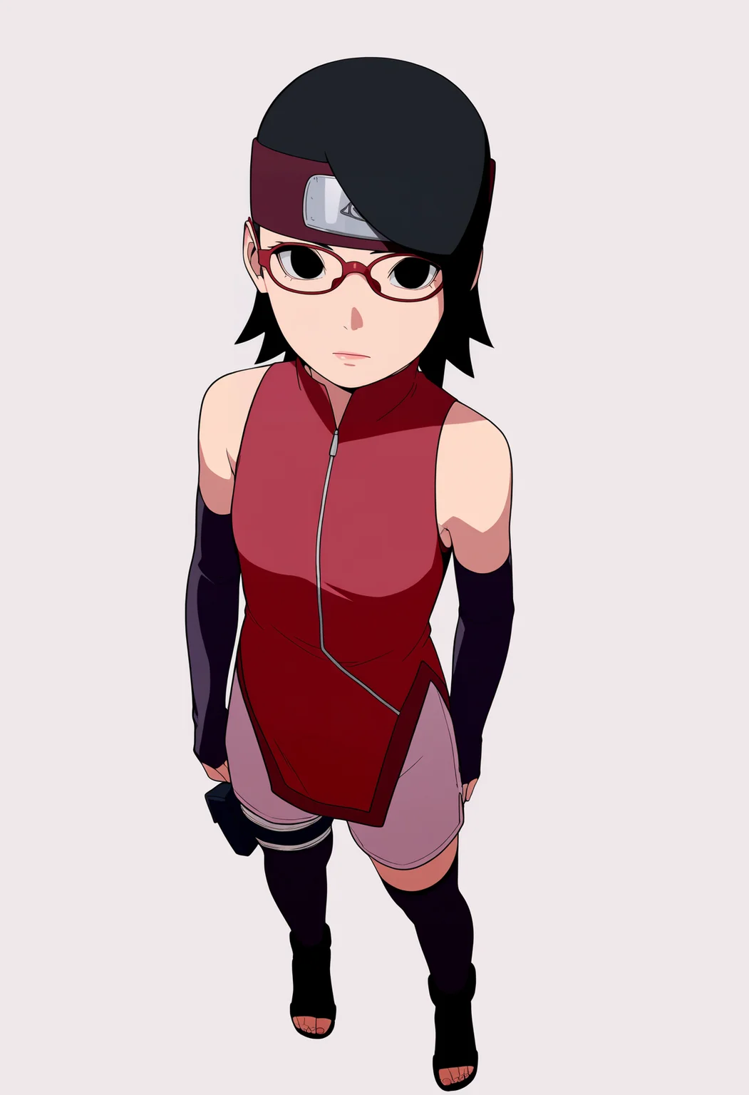 masterpiece, best quality, very aesthetic, absurdres,
1girl, sarada, black eyes, black hair, short hair, glasses, headband,
shorts, thighhighs, toeless shoes, red sleeveless dress,
full body, standing, looking at viewer, solo, simple background, white background,   <lora:SaradaNoobXL_byKonan:1>