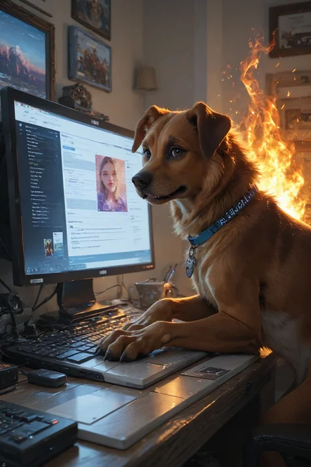 looking at viewer,detailed background,Cinematic Lighting,film grain,score_9,score_8_up,score_7_up,masterpiece,best quality,highly detailed,
<lora:(增强)sdxl_lightning_8step_lora:1>,<lora:glowneon_xl_v1:1>,glowing,<lora:Expressive_H:0.8>,Expressiveh,<lora:th3rm4lXLP:0.4>,th3rm4l,colorful,
computer,no humans,keyboard (computer),monitor,english text,dog,fire,realistic,speech bubble,animal,indoors,laptop,
