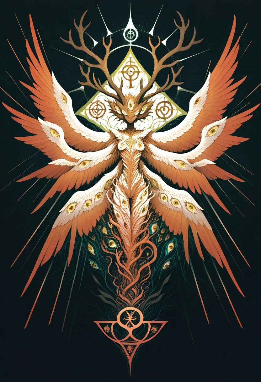 twisting , dissolving , abstract , abomination ,absurd , extreme theme ,extreme theme ,extra eyes, too many eyes, light source , illuminating , wings of eye , extra wings , Celtic symbol , green and lush , (triquetra symbol ,trinity :1.3) , tree antler ,
masterpiece, best quality ,amazing quality , concept , abstract ,
