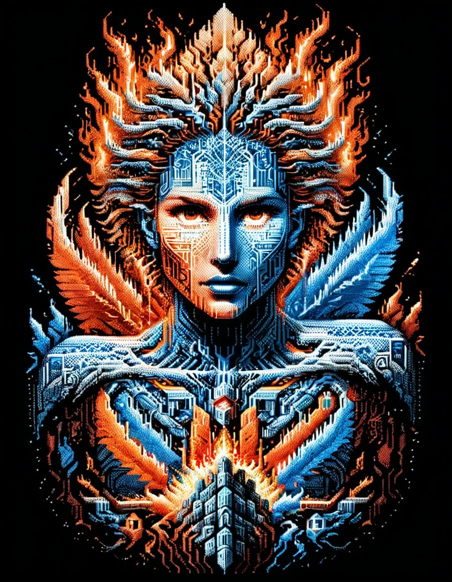 epic Technical illustration, behance, Internally Glowing ral-ansrt, surrounded by fire and ice Sharp and in focus, Awe, Dramatic spotlight, four colors, heroic, <lora:ral-ansrt:1.2>, magnificent, highly color focused, highly contrasted, intricate, glossy