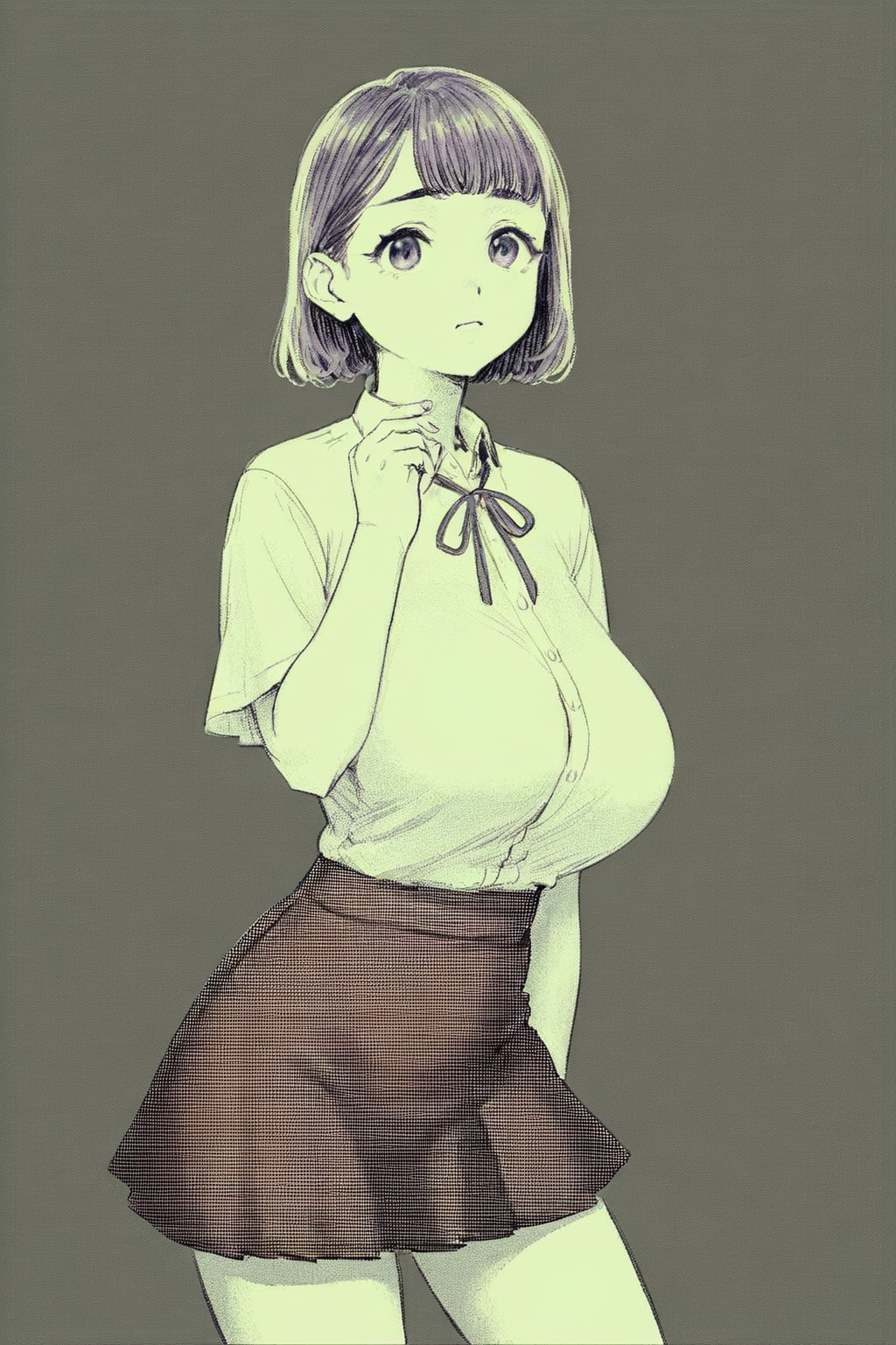 score_9, score_8_up, score_7_up, matou sakura, choppy bangs, large breasts, purple eyes, purple hair, purple skirt, red ribbon, ribbon, shirt, skirt, white shirt, solo, solo focus, cowboy shot, high contrast,wide shot,dark, simple background, Bending down to tie shoelaces, with a child or younger sibling imitating the same action., (green theme:1.5), (monochrome:1.5), <lora:godiva_green:1>