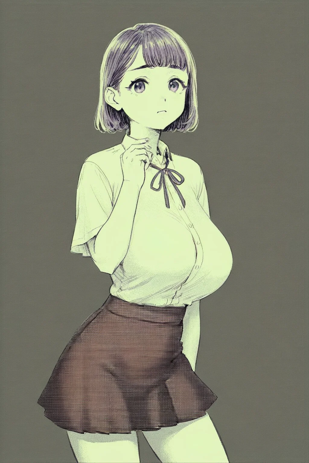 score_9, score_8_up, score_7_up, matou sakura, choppy bangs, large breasts, purple eyes, purple hair, purple skirt, red ribbon, ribbon, shirt, skirt, white shirt, solo, solo focus, cowboy shot, high contrast,wide shot,dark, simple background, Bending down to tie shoelaces, with a child or younger sibling imitating the same action., (green theme:1.5), (monochrome:1.5), <lora:godiva_green:1>