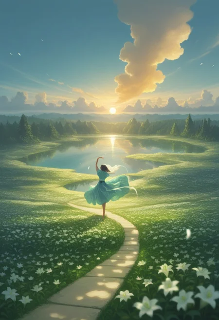 detailed background, from above,( Calm spring night landscape), amongst lush greenery, beautiful view, Flower Field, lily flower in full bloom, lily flower, early morning, sunrise sky, beautiful clouds, dappled sunlight, beautiful, Tranquil Lake, Walkway, petals dancing in the wind, depth of field, masterpiece, best quality, ultra-detailed, very aesthetic, illustration, perfect composition, intricate details, absurdres, moody lighting, wisps of light, no humans,