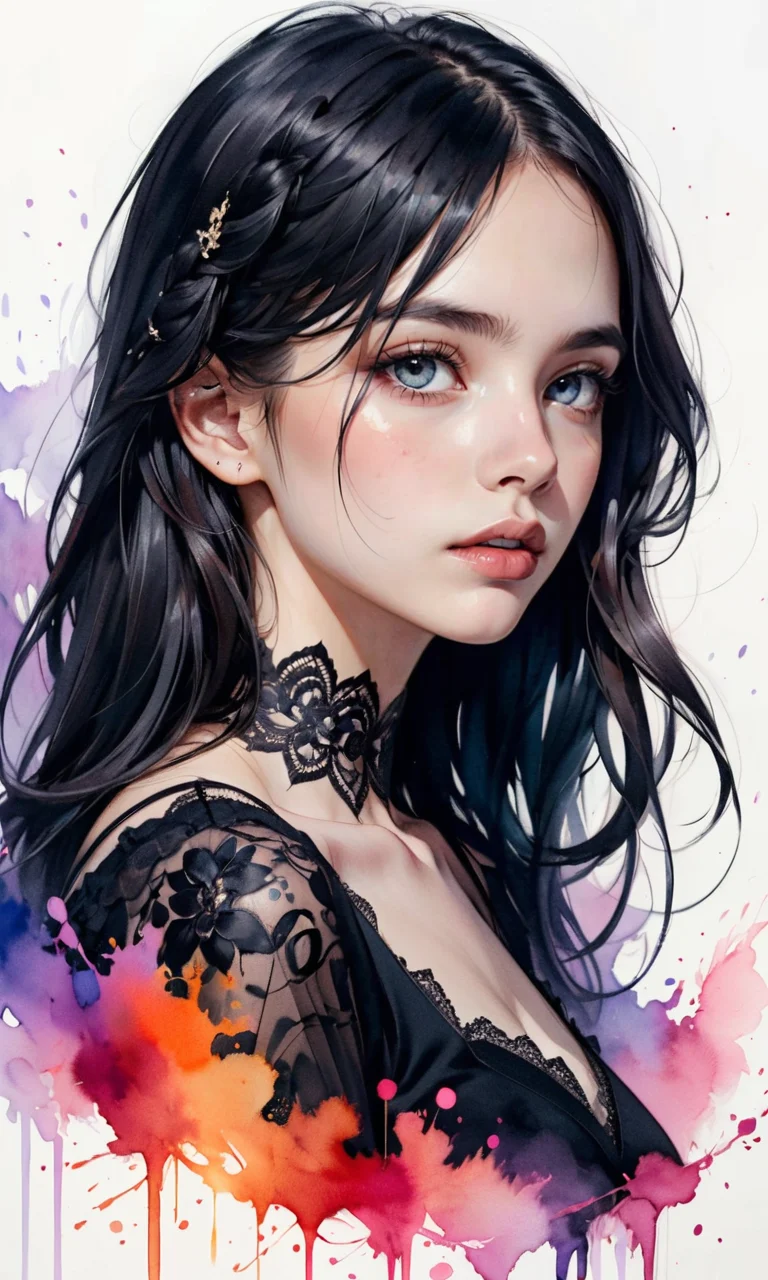 4n1v3rs3, zPDXL2, Moody watercolor portrait of a gothic lady wearing a black dress, with bold and vibrant colors, modern twist on traditional watercolor technique, highly detailed and realistic, HDR effect for added depth and dimension, by artist Agnes Cecile or Tilen Ti SimplePositiveXLv2, <lora:add-detail-xl:2>