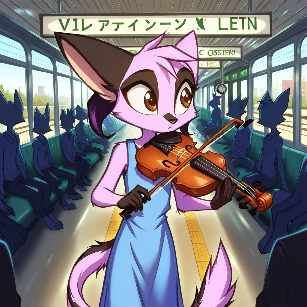 Dreamkeepers,1girl,Prelude_Vi,solo,furry,tail,source_furry,hazel eyes,
child, kid,
girl plays a violin in a bustling train station, her case open for tips. Passengers pause to listen, and a clock ticks above her, train_station, violin, music, tips, passengers, clock, indoors, focused_expression, sundress, , crowd, performance, urban, dynamic_pose