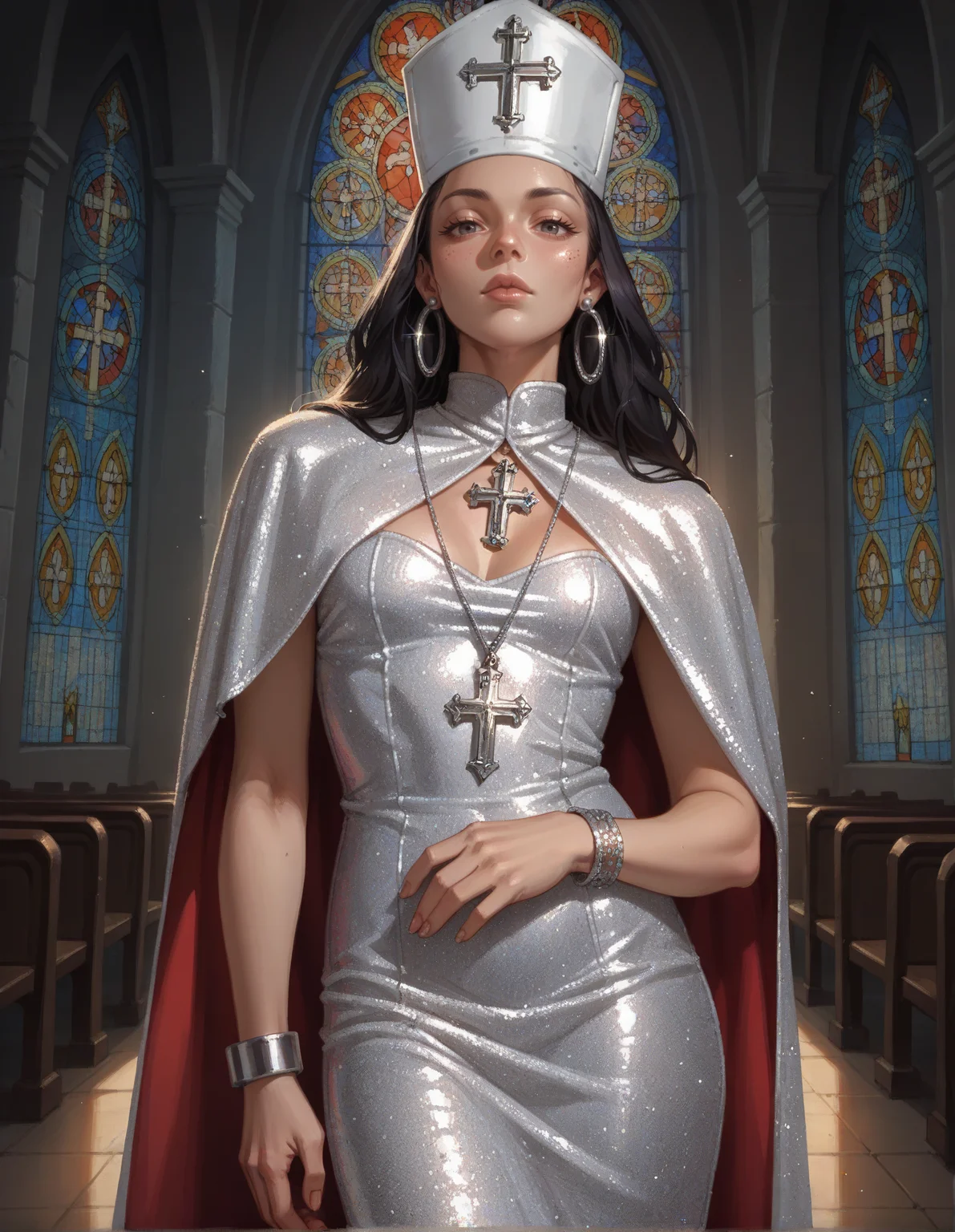 score_9, score_8_up, score_7_up, score_6_up, score_5_up, score_4_up, 1girl, solo, long black hair, earrings, bracelet, multiple necklaces hud_p0pe, priest hat, strapless dress, sequins, cape, <lora:hud_p0pe_XLP:0.6>, church, stained glass,
